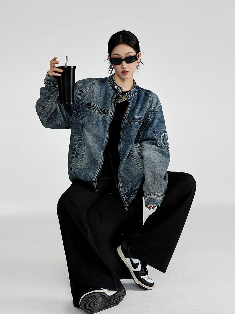 上衣宽松型短外套长袖秋季印花朋克风浅蓝色牛仔美式oversize