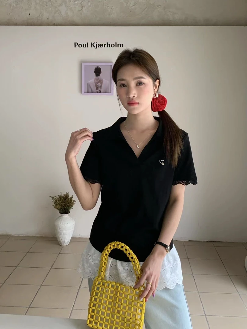 邹先森6178-29翻领蕾丝边纯色杂志风简约夏季新款