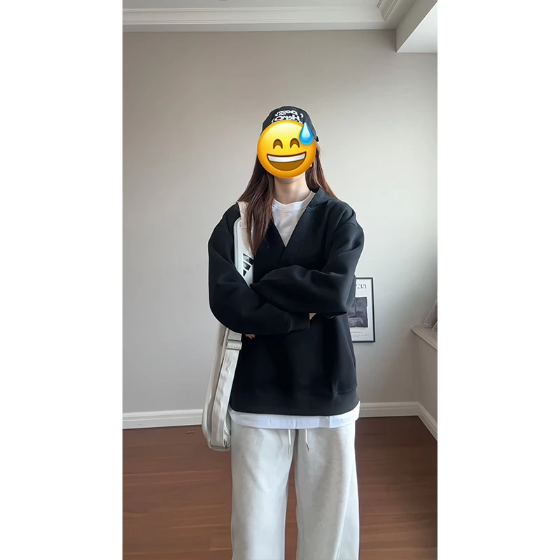 cleanfit大V领假两件连帽卫衣男秋季小众设计感外套美式重磅休闲