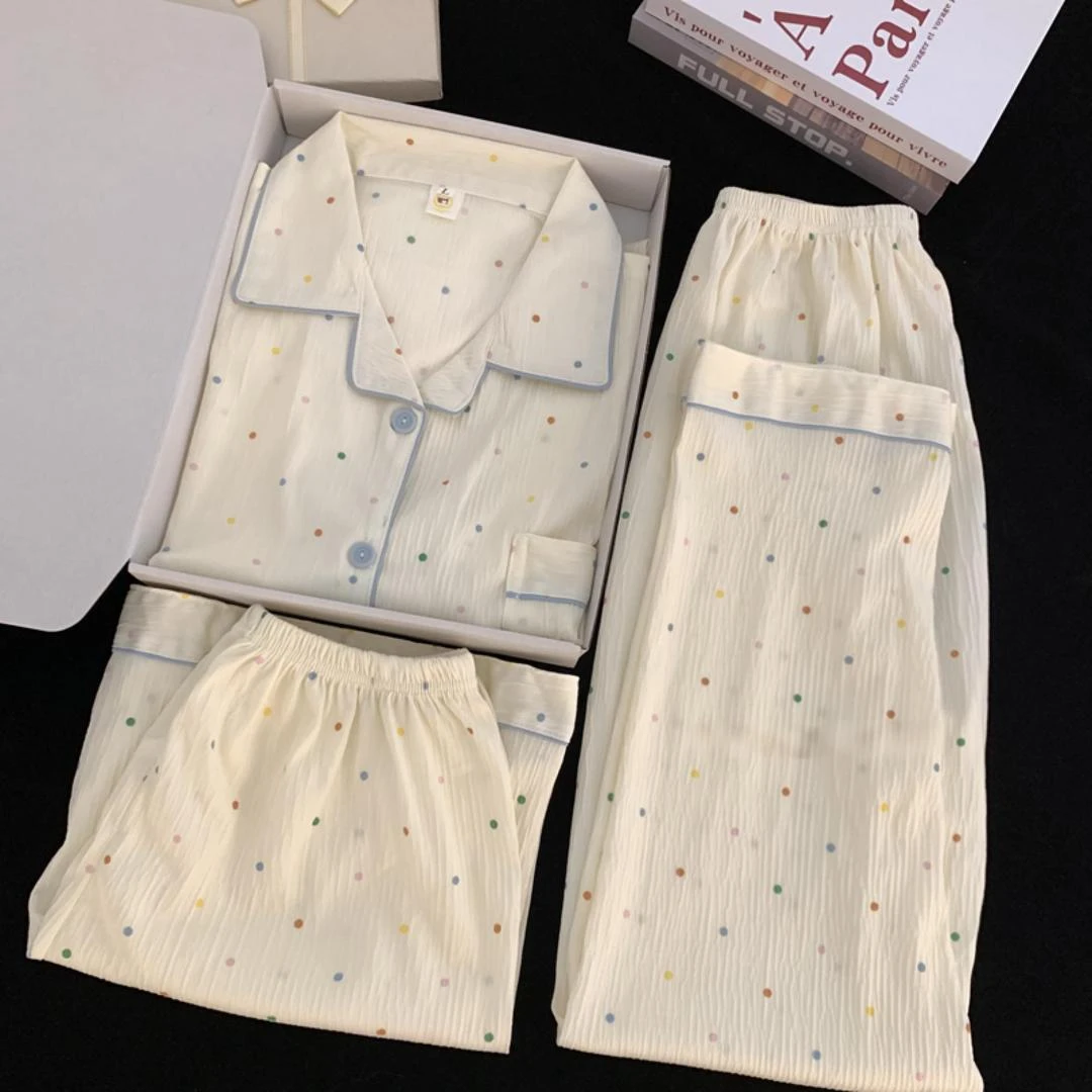 云朵棉睡衣女夏季甜美波点短袖短裤三件套学生大码宽松家居服套装