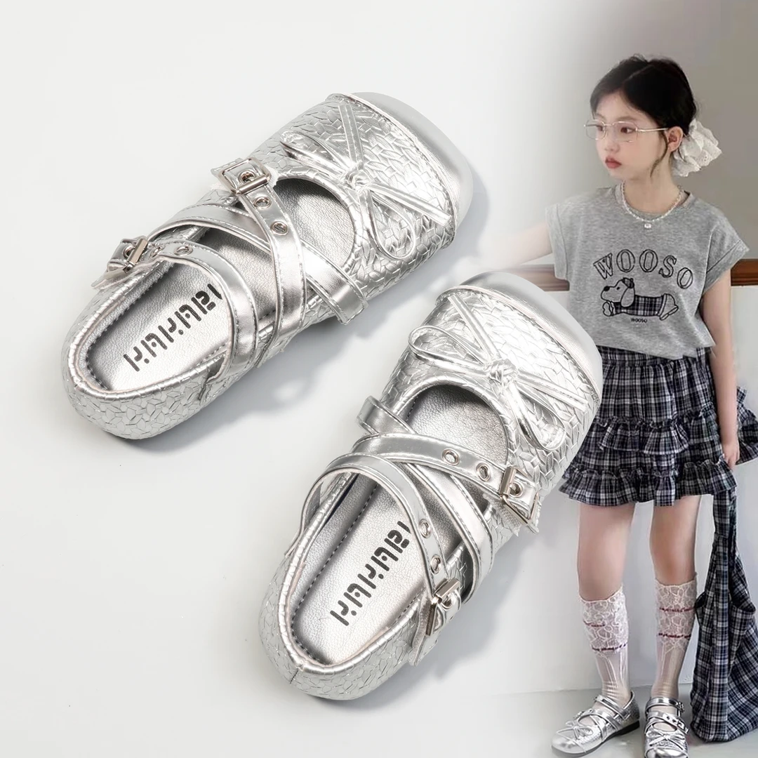 ABC 法式银色单鞋2025秋季新款女童银玛丽珍皮鞋儿童蝴蝶结舞蹈鞋