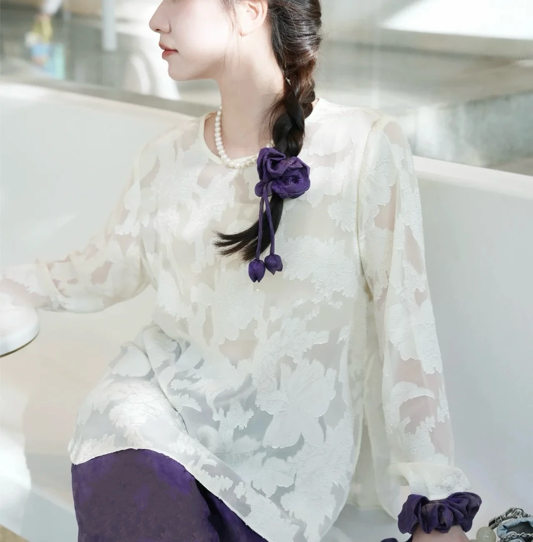 深圳冯冯（剪花乔其）2025夏季新款时尚圆领剪花乔琪衫显瘦宽松上衣