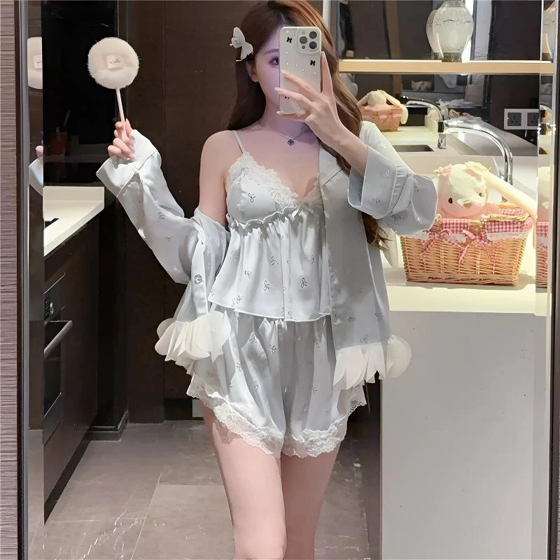 冰丝吊带短裤睡衣女春秋夏季性感带胸垫甜美蕾丝长袖家居服四件套