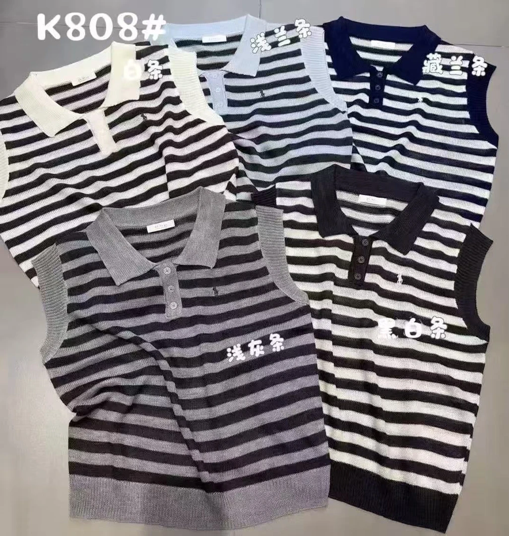 DUDU~y808夏季新款飞飞袖显瘦遮肉小马刺绣POLO领条纹针织上衣