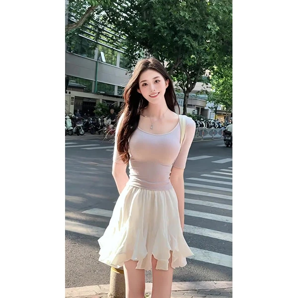 韩系甜美套装女夏季法式圆领短袖上衣穿搭+白色半身裙时尚两件套