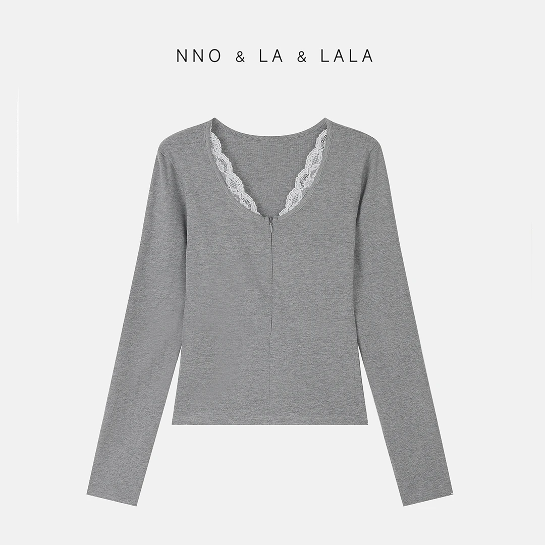 LA 蕾丝拼接 假两件V领 长袖T恤26413