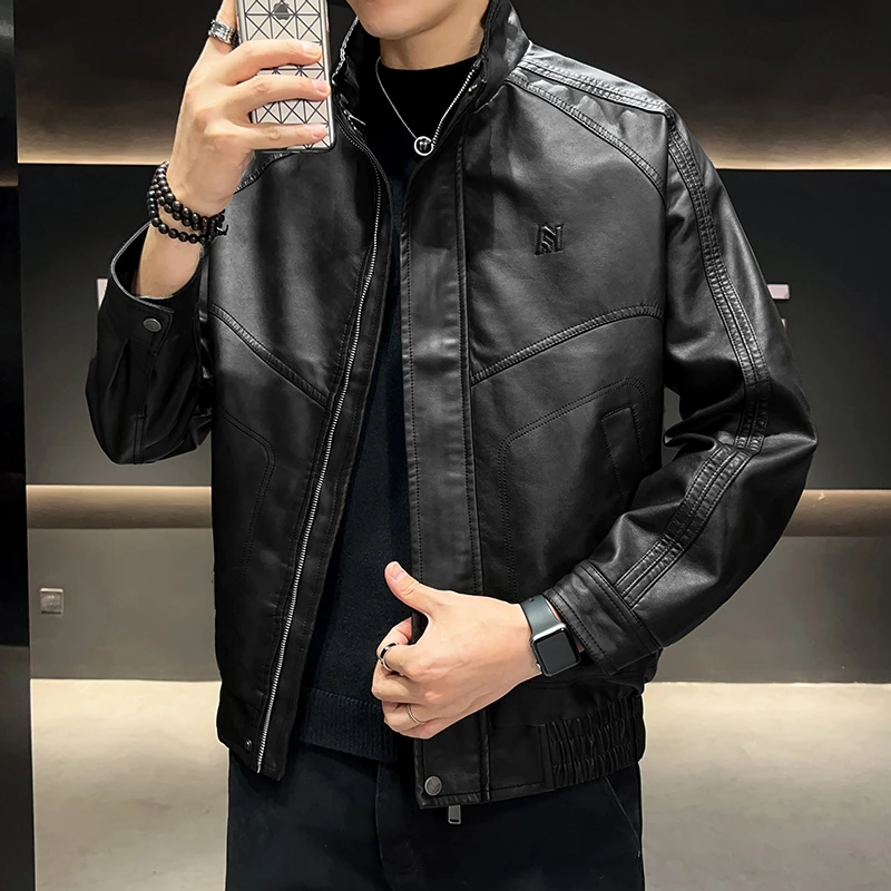 高品质秋季新款PU立领男士皮衣潮流宽松复古休闲皮衣夹克外套男款