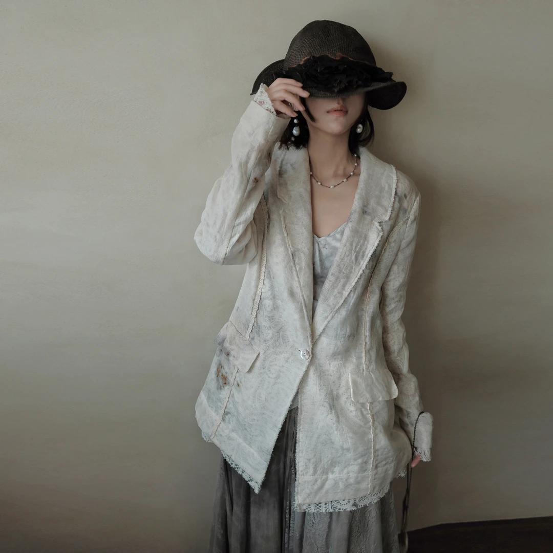 弥挲·蜉蝣织锦·25春夏侘寂植物染设计师宫廷复古买手西装外套