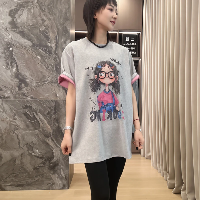 夏季新款字时尚气质宽松休闲卡通女孩圆领印花短袖T恤