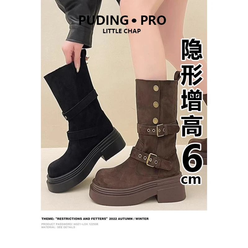 真皮版~两穿机车靴女2025气质皮带扣增高小个子粗跟厚底马丁短靴