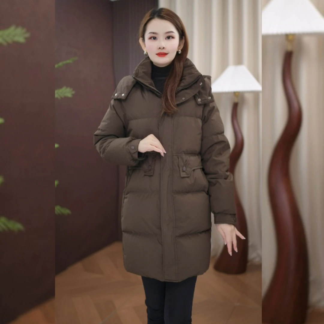 枫景衣橱 白鸭绒中长款女冬新款韩版时尚连帽外套宽松休闲