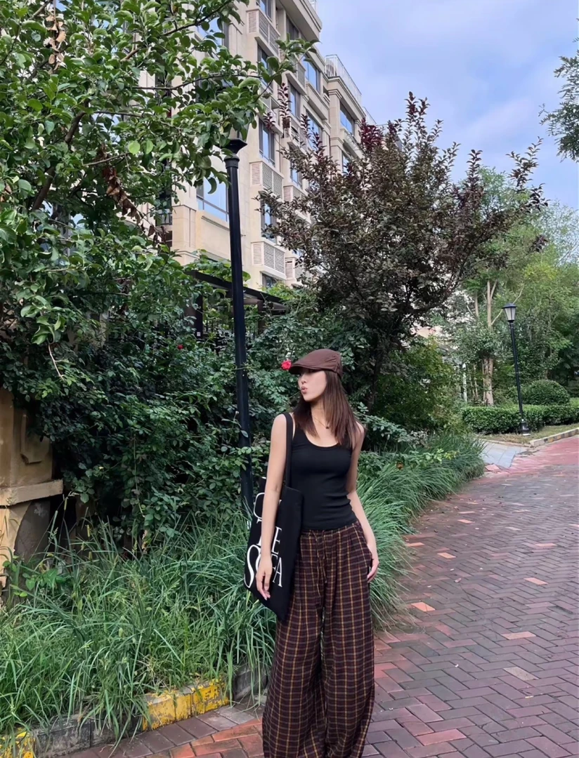 6049夏季新款美式复古红色格子高腰百搭休闲直筒阔腿拖地裤