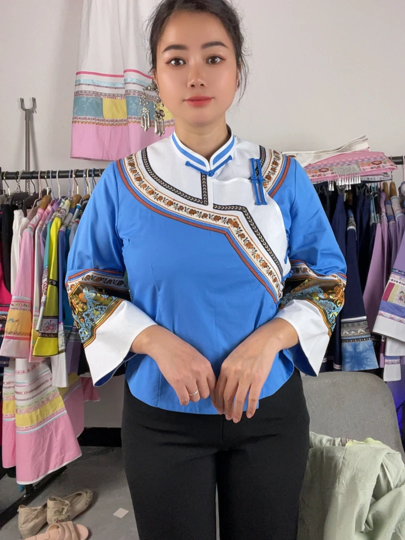 民族服装成人服装民族风女士民族服蓝色传统长袖上衣苗族生活装