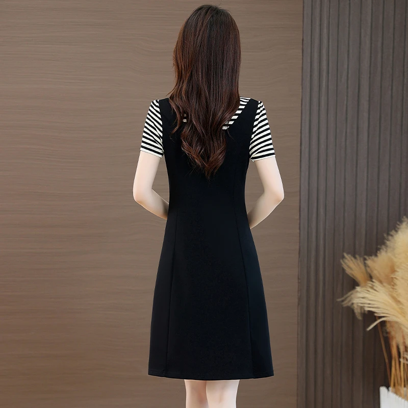 2025夏季新款时尚洋气减龄显瘦短袖条纹假两件中长款a字连衣裙女