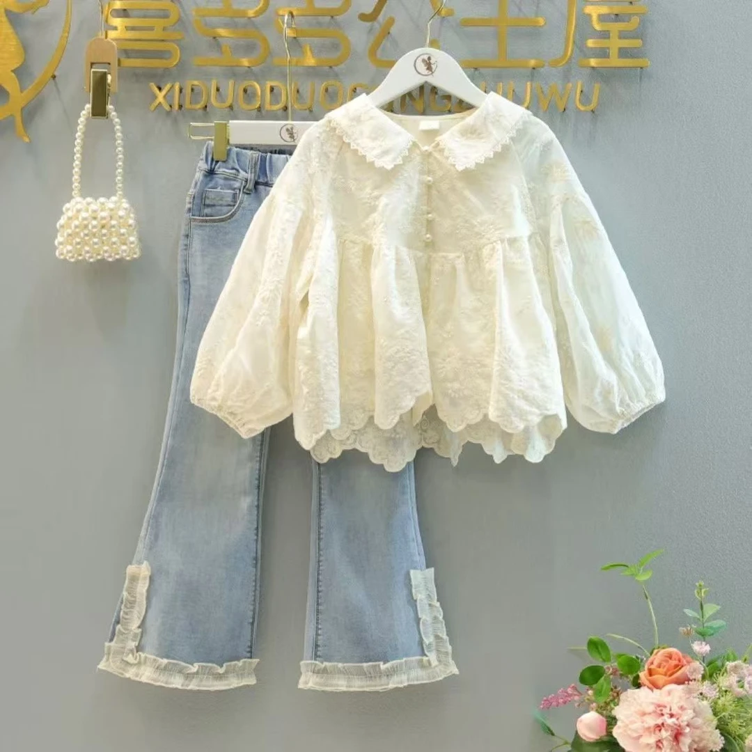 巴拉巴拉云朵【断码】女童2025春秋牛仔裤娃娃领蕾丝衬衫儿童洋气长