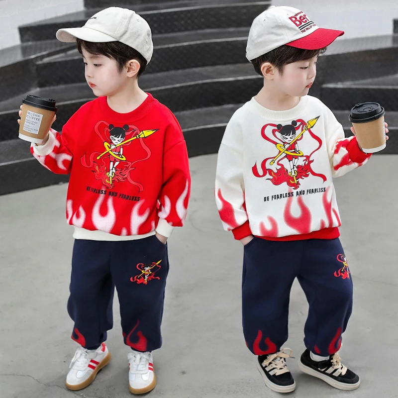 2025春季新款男童哪吒棉质套装网红宝宝时尚帅气儿童火苗套装