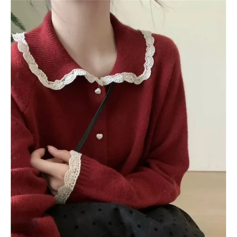 红色毛衣开衫女2025春装新款宽松娃娃领长袖减龄针织外套学院风潮