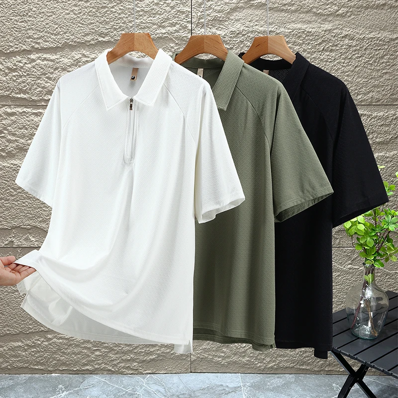 夏季半开拉链男士大码翻领商务休闲POLO衫轻薄透气百搭纯色半袖潮