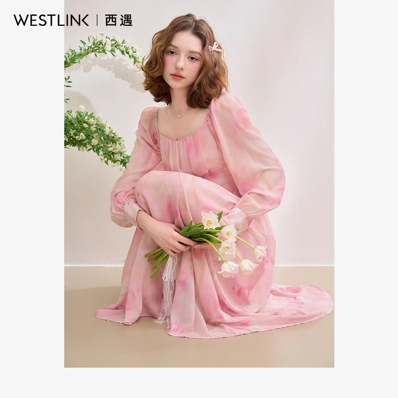 0253【雪纺印花】法式浪漫方领晕染长袖连衣裙女2025春季收腰长裙