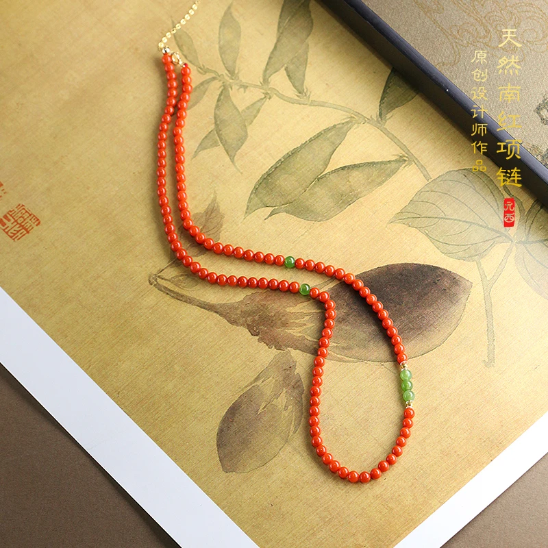 收藏级天然原矿南红项链颈链女款珊瑚红设计款【3.9mm】长度可调