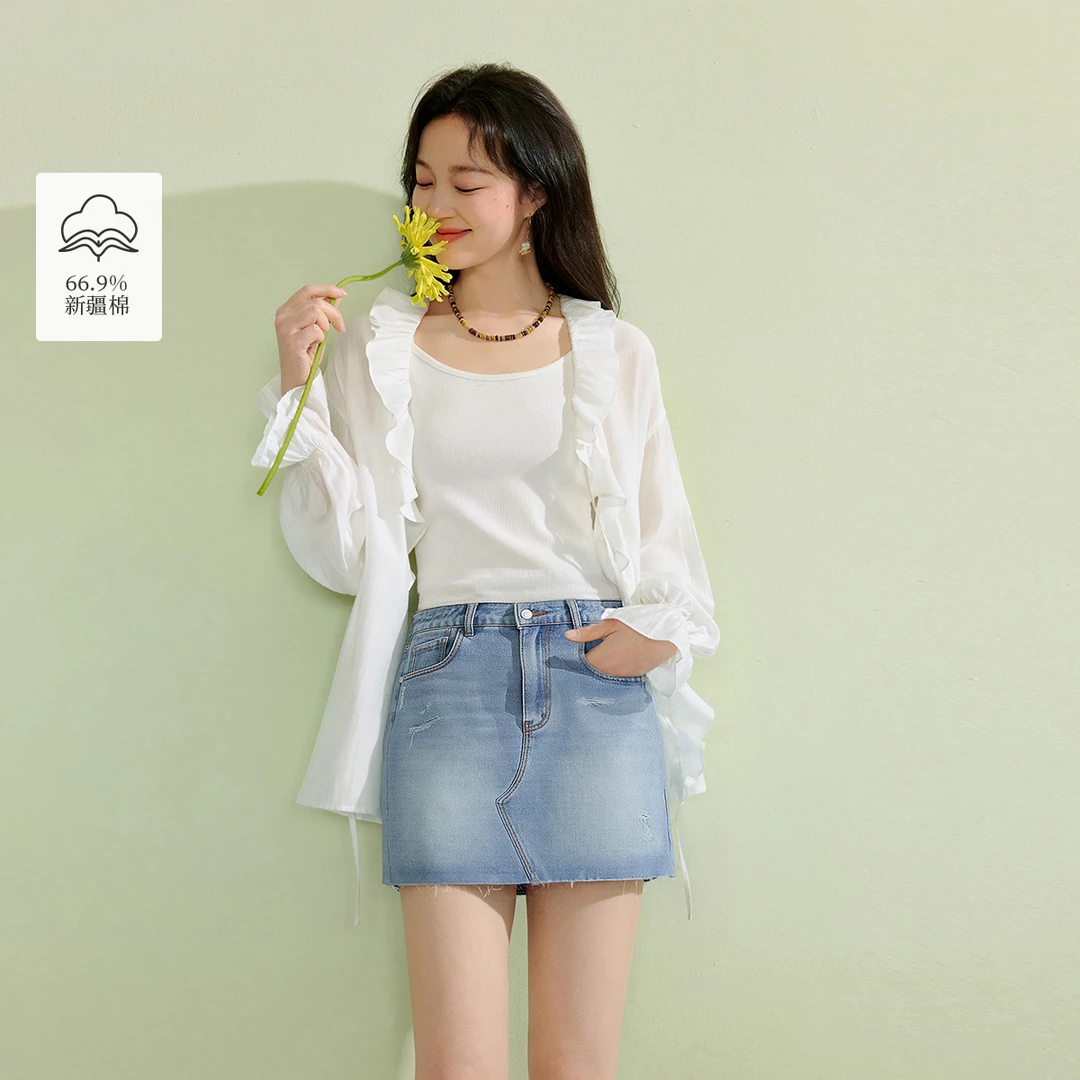 茵曼高腰毛边牛仔短裙2025夏季女装新款不规则分割线包臀a字裙