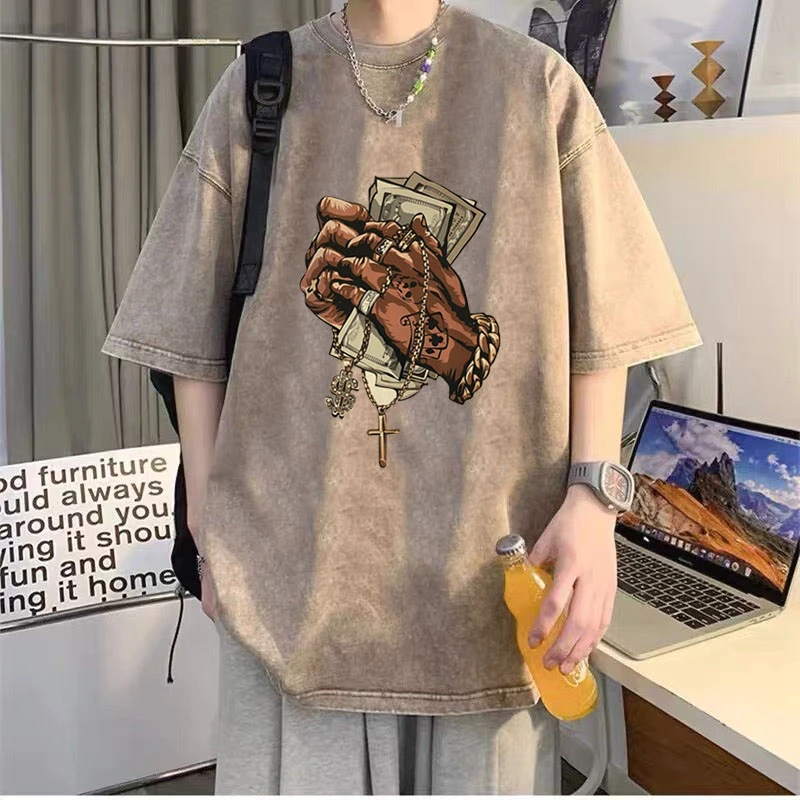 2025新款潮男t恤短袖印花做旧上衣夏季美式国潮半袖水洗帅气潮酷