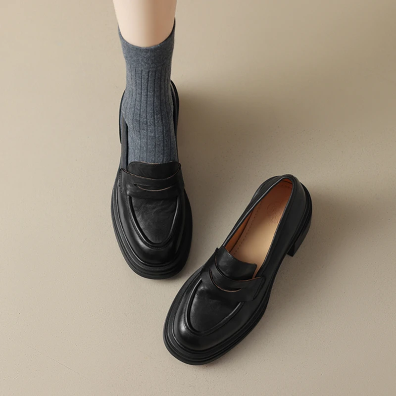 羊皮版~复古英伦风静音底乐福鞋女粗跟高跟单鞋小个子厚底小皮鞋