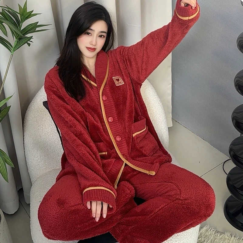 新年限定安哥拉红秋冬季珊瑚绒睡衣女加绒加厚保暖家居服套装