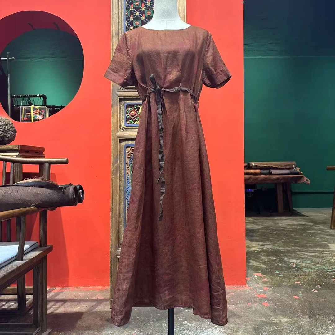 艾可原创设计款夏季气质长款时尚连衣裙苎麻成衣染红云纱长115起