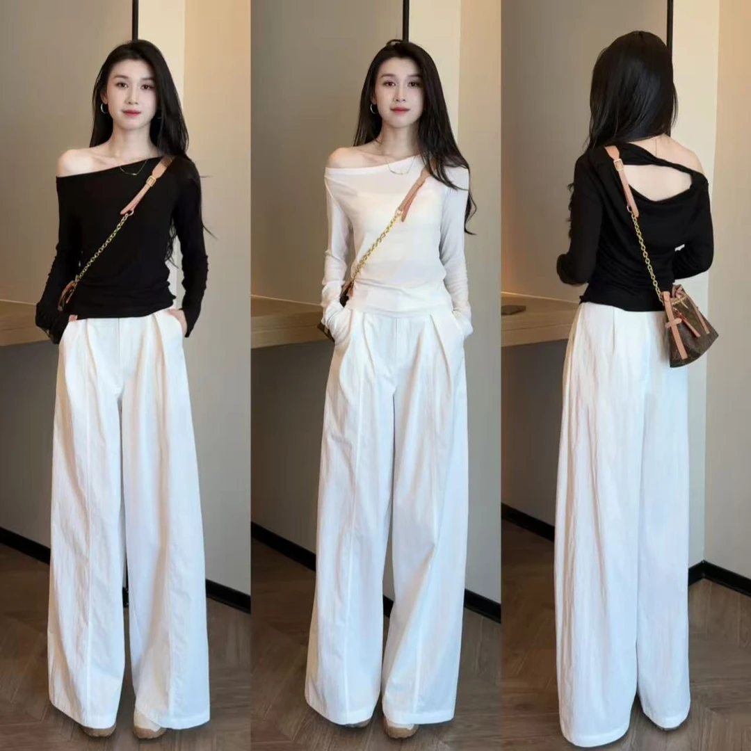 早秋新款韩系显瘦气质设计款上衣+休闲时尚宽松直筒阔腿裤套装