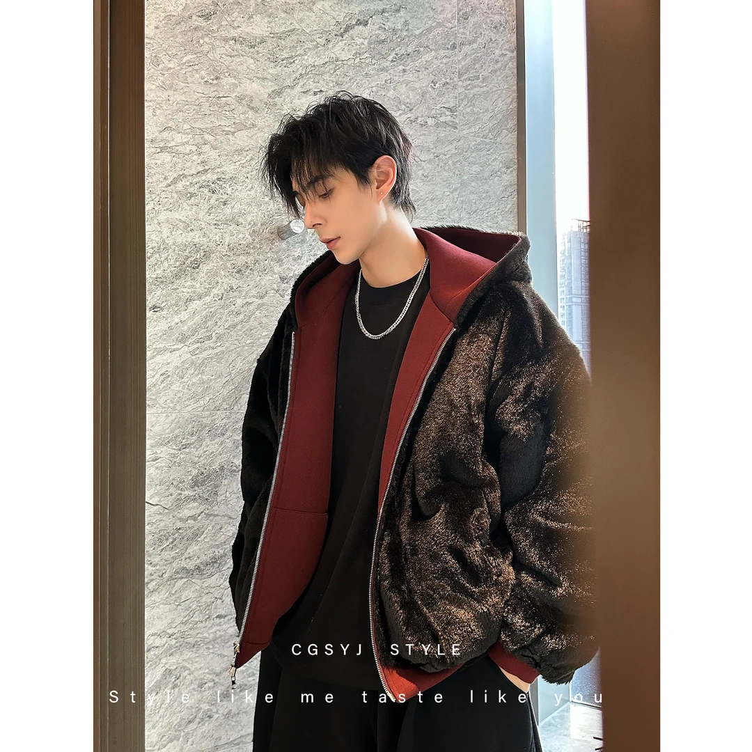 【双面可穿】跨年圣诞红色气质加厚卫衣外套男冬季宽松连帽加绒