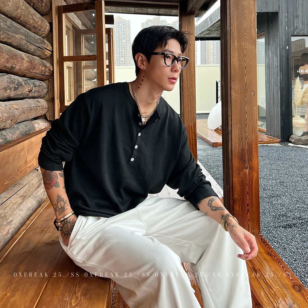 OXFREAK「老钱新贵 羊毛混纺」亨利领长袖毛衣男秋季高级感针织衫