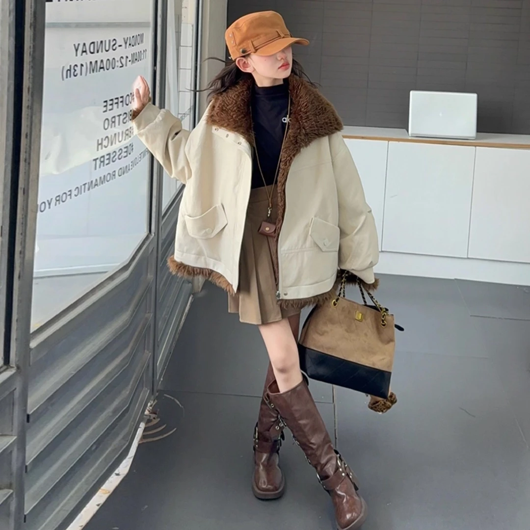 女童皮衣外套加绒加厚爆款2025新款儿童洋气时髦女大童冬季上衣