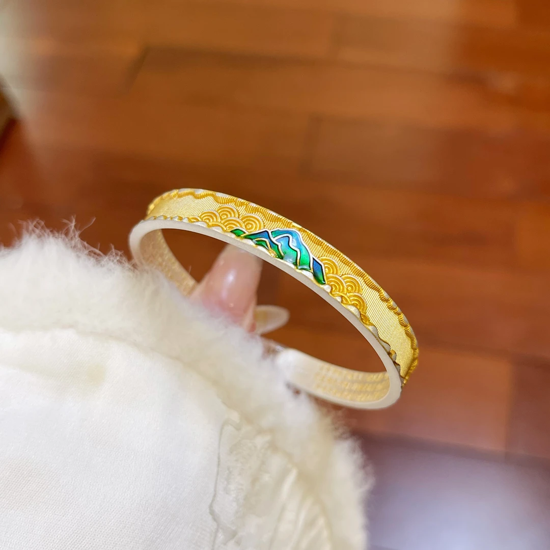 足银手镯 复古手工镯子【千里江山】描金珐琅彩实心开口足银999.9