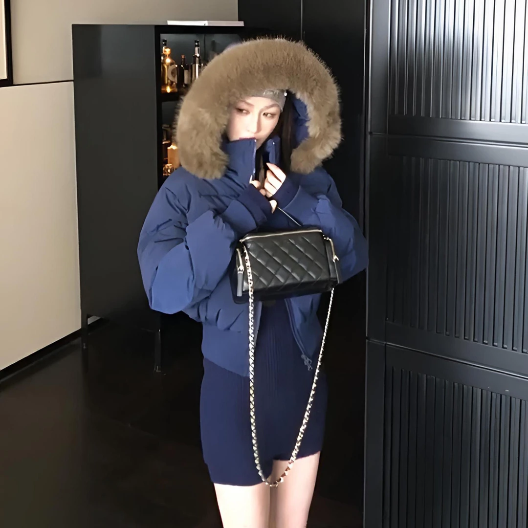 冬季大毛领收腰百搭宽松棉服短款加厚设计感棉衣新款修身棉袄外套