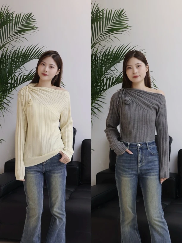 DIANA VEVINA上衣|同款多色羊毛斜肩绑带针织上衣999