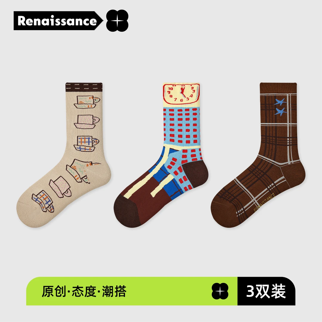 【3双装】Renaissance秋季25年新款袜女插画风设计师原创堆堆中筒袜