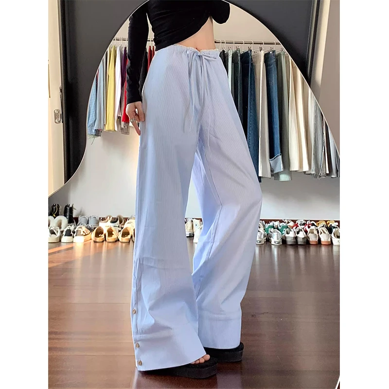 【简约条纹】韩版高腰睡裤女夏季新款亲肤舒阔腿适遛弯裤可外穿长裤