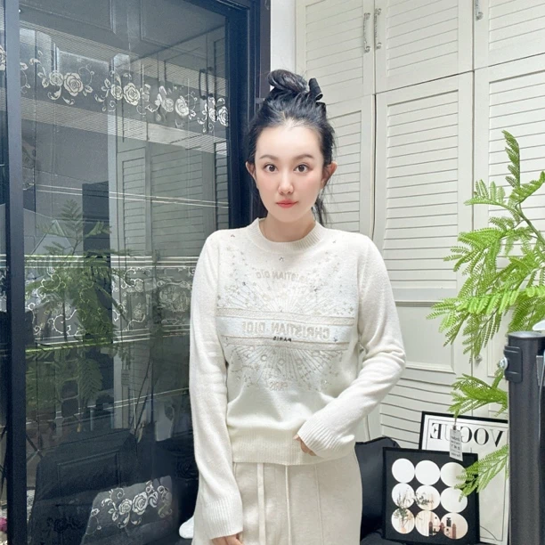 秋冬新款重工刺绣圆领长袖针织衫上衣宽松显瘦百搭内搭时尚D家