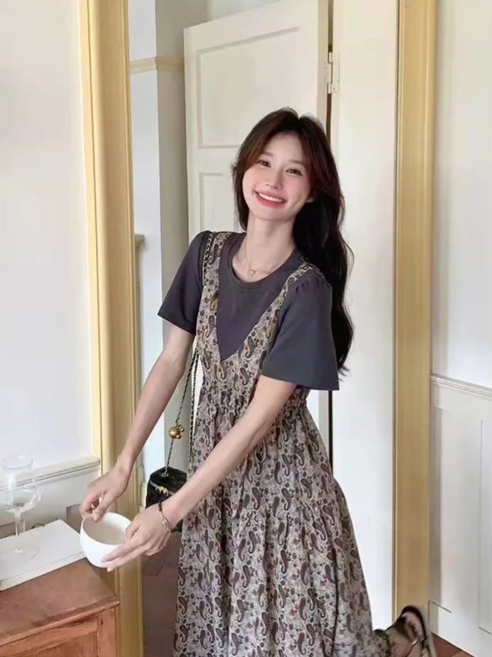 法式假两件拼接碎花连衣裙