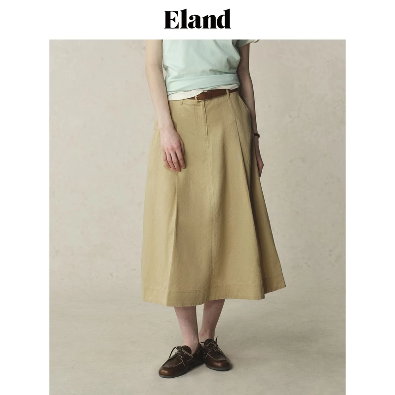 Eland衣恋半身裙女两侧斜插袋设计含亚麻裙子EEWHF24E03