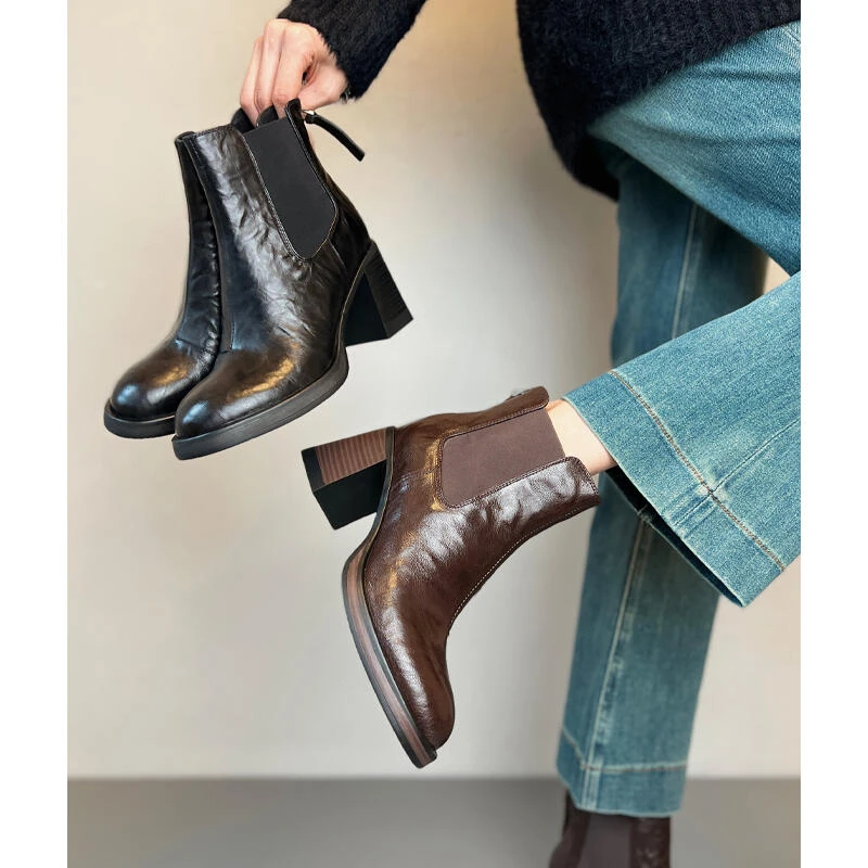 羊皮版~ 圆头复古切尔西靴粗跟高跟短靴女新款短筒静音跟真皮靴子