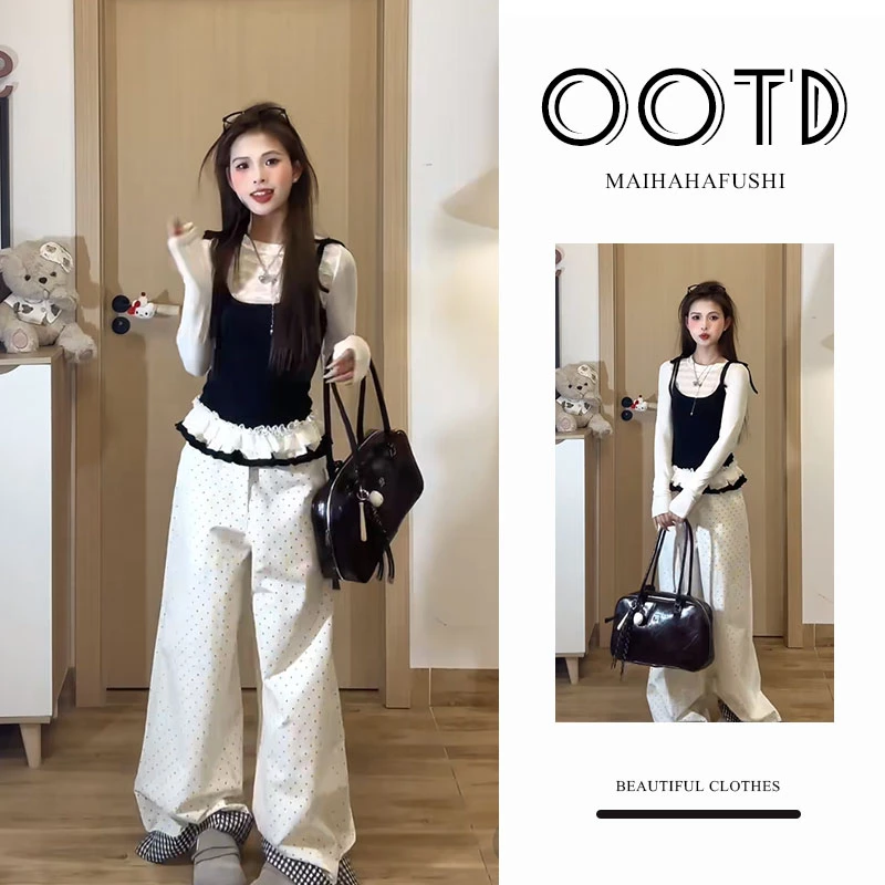 春季一整套女装2025新款韩版假两件蕾丝拼接上衣波点阔腿裤两件套