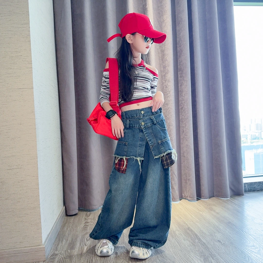 女童2025秋季套装新款宽松阔腿大童牛仔裤时尚洋气休闲漏肩上衣潮
