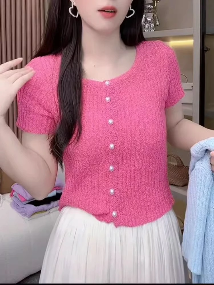 开衫薄款女夏季2025新款透气温柔风短袖冰丝针织衫玫红色短款上衣