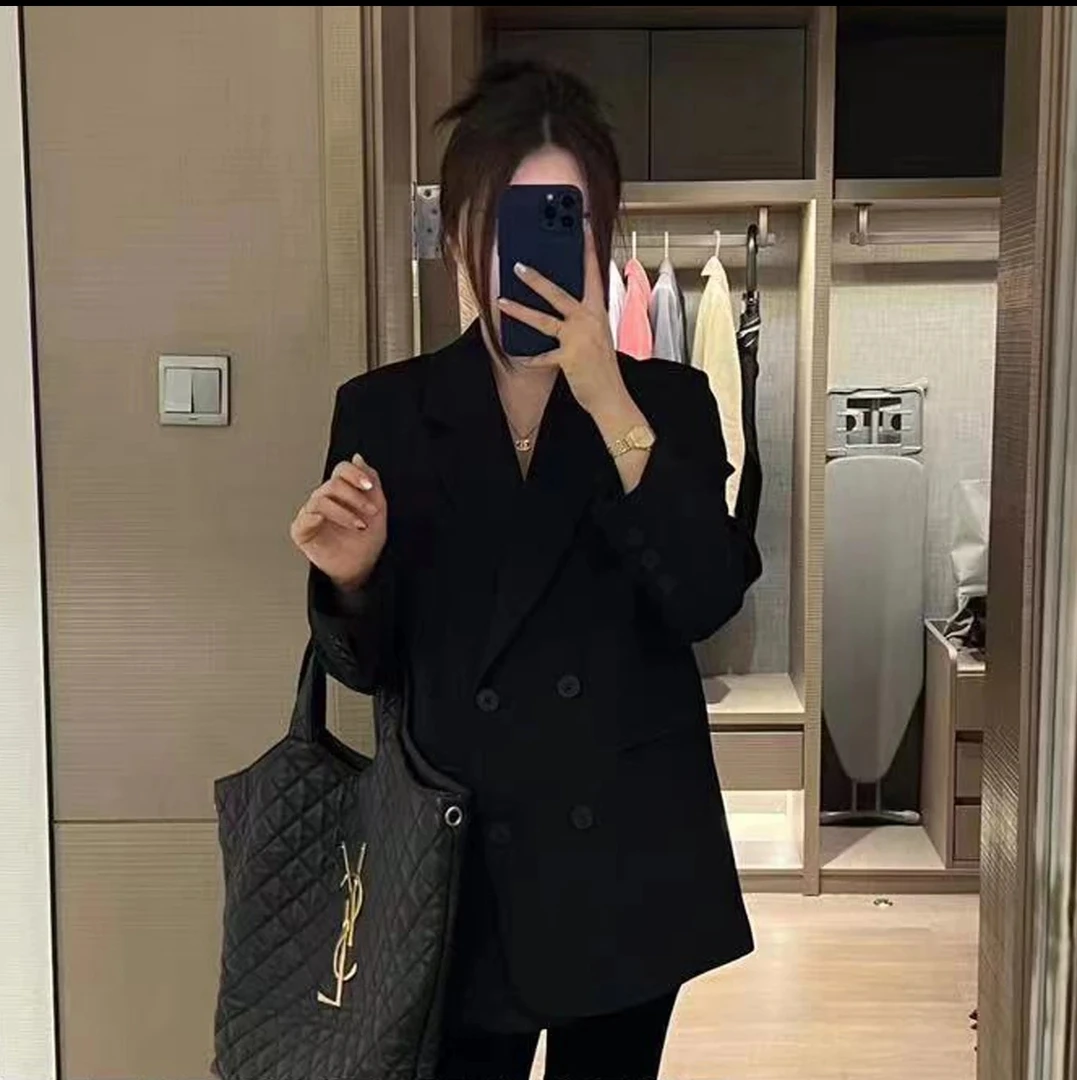 韩系直筒西装极简风女轻职风西服小个子长袖黑色休闲显瘦气质