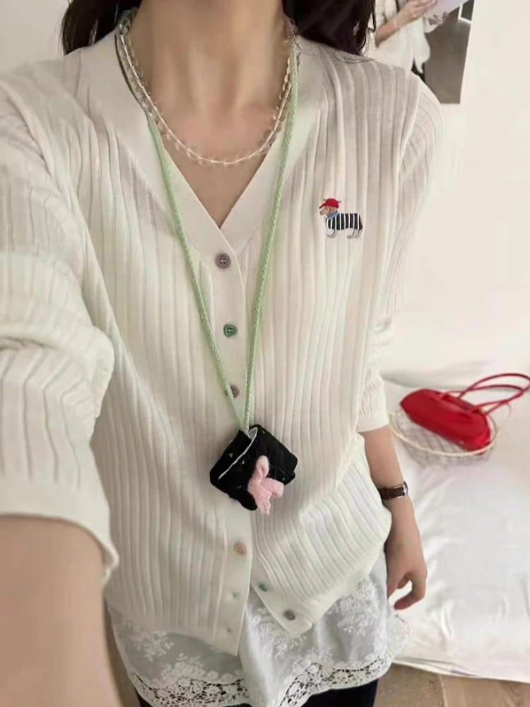 【济州岛】V领坑条纹 腊肠狗刺绣针织开衫