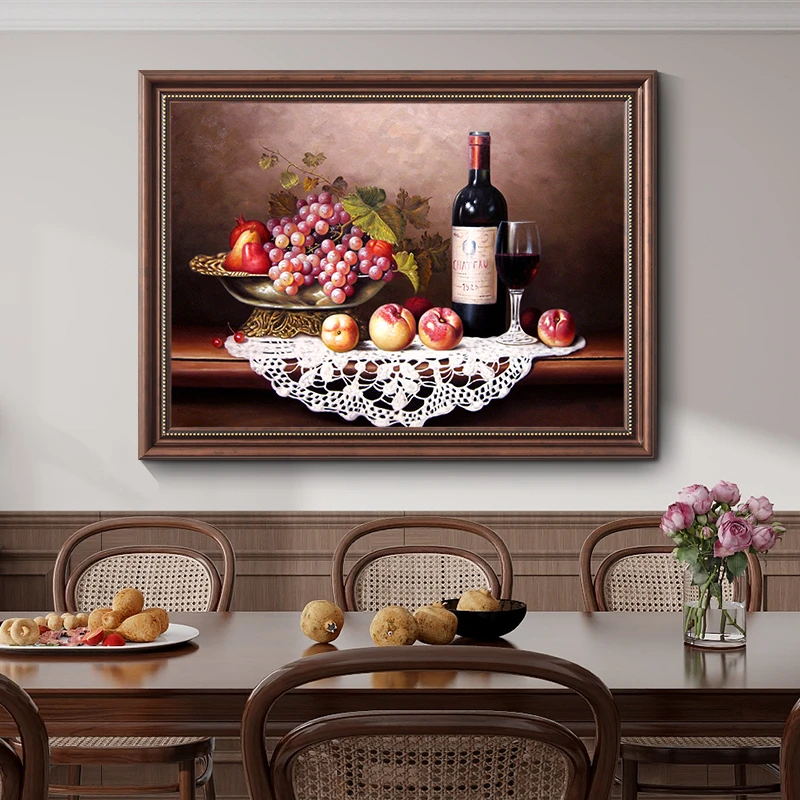 《红酒花瓶-横版》美式餐厅背景墙挂画复古静物饭厅油画过道装饰画