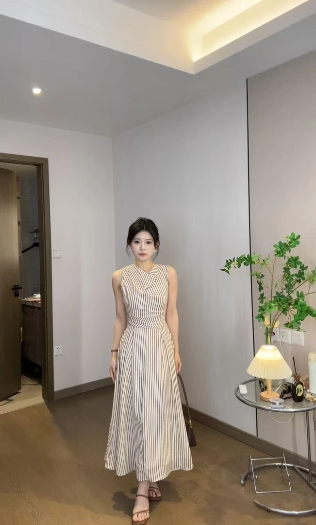 onee自制小个子无袖复古条纹连衣裙格子荡领吊带裙长裙法式夏季