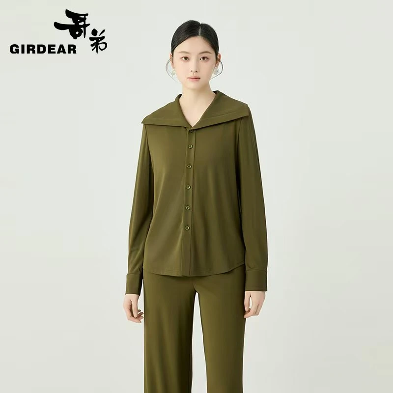 GIRDEAR/哥弟130003 新款时尚气质百搭柔软光滑翻领排扣休闲衬衫
